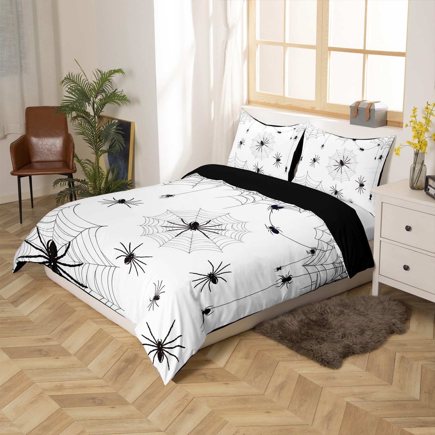 Feelyou Happy Halloween Bedding Set for Girls Boys Kids King Spider Web Printed Comforter Cover Set Room Decor Horror Theme Duvet Cover Black Spiders Bedspread Cover 3Pcs White Black, No Comforter