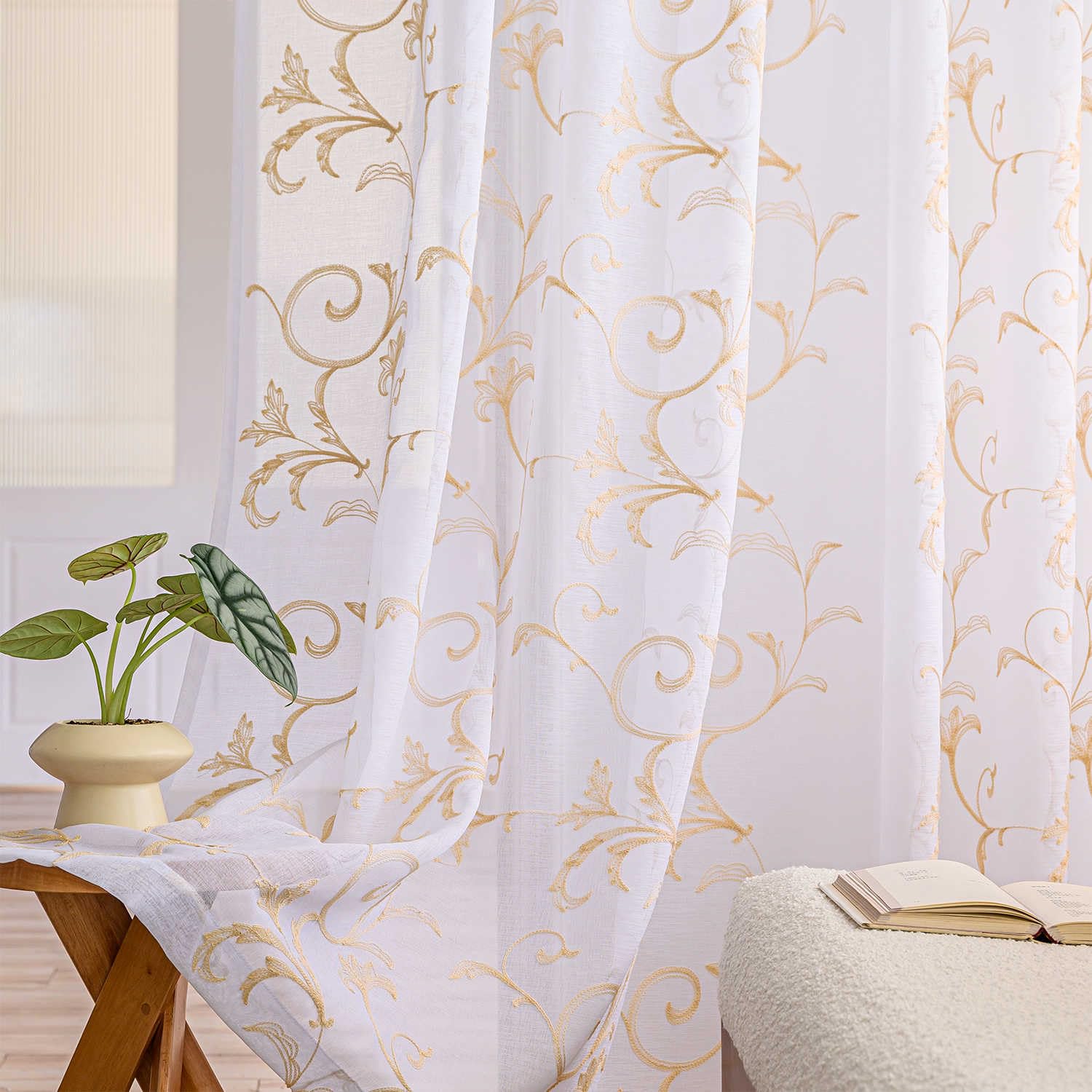 Sheer Curtains White-Beige 45 Inch Length Floral Embroidery Vintage Rod Pocket Voile Drapes for Living room, Bedroom, Window Treatments Semi Crinkle