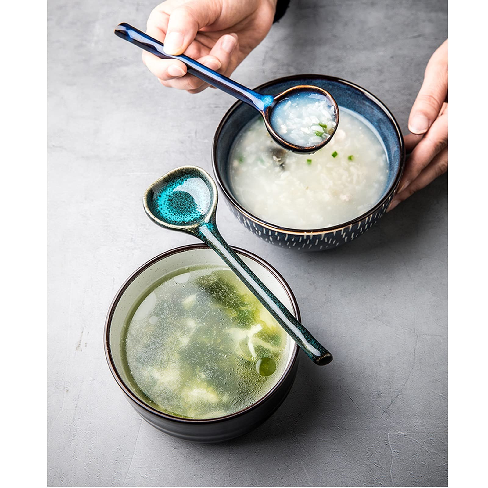 Lot de 6 cuillères en Vrac en céramique à Long Manche pour la Maison, Le Restaurant, la Salle à Manger, Petite cuillère rétro créative Ronde, Petite cuillère à Soupe, cuillères pou