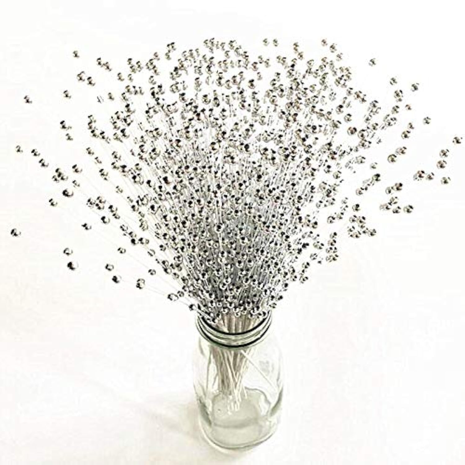 100 Stems Faux Pearl Spray Beads Wire Stems Wedding Bridal Flower Bouquet Party Table Decor (Silver)