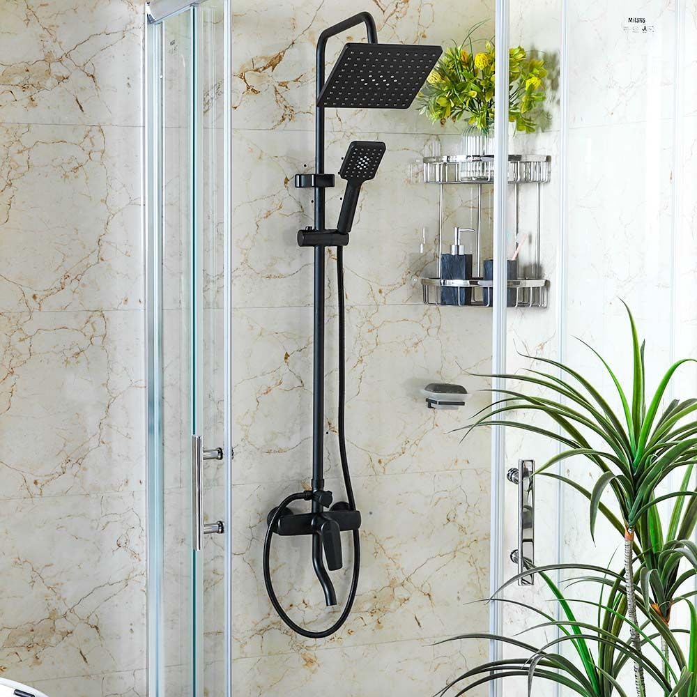 Milano Tina Rain Shower Complete Set (Square) - Matt Black Finish | Solid Brass Pressure Balancing Showerhead Mixer | Wall Mounted Rainfall Shower System For Bathroom With Adjustable Handheld Shower