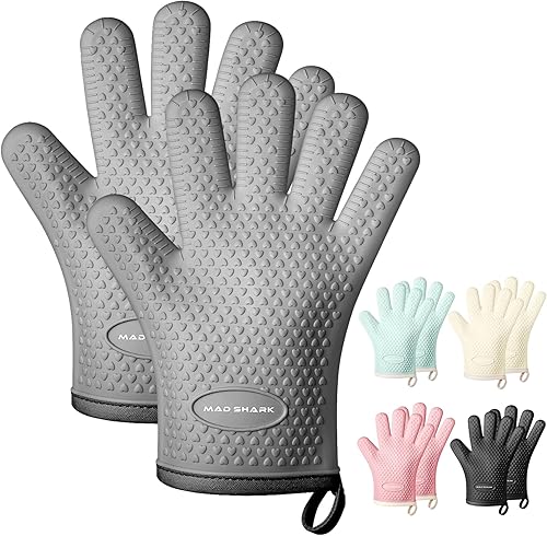 Miniatura 10 de MAD SHARK Manoplas de horno de silicona resistentes al calor de 450 grados, guantes de horno impermeables y antideslizantes con dedos, guantes de