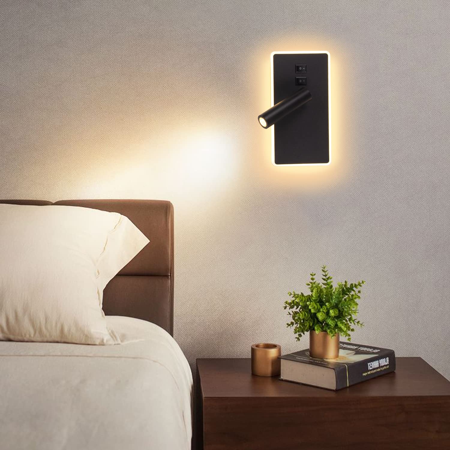 Applique Da Parete A LED Per Lettura 3W+9W 3000K, Con Porta USB E Interruttore Indipendente, Regolabile, Per Comodino E Soggiorno (Nero Quadrato)