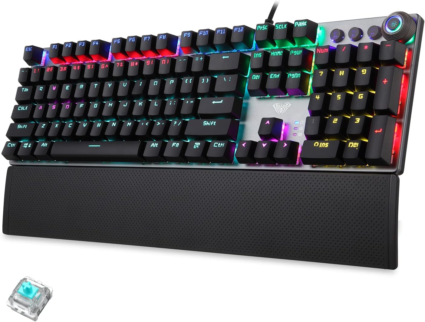 AULA Mechanical Gaming Keyboard Blue Switches,Rainbow LED Backlit,Ergonomic Wrist Rest,Aluminum Base,Full Size 108 Keys Anti-Ghosting,Macro Programmable Computer Keyboard Wired for PC Laptop