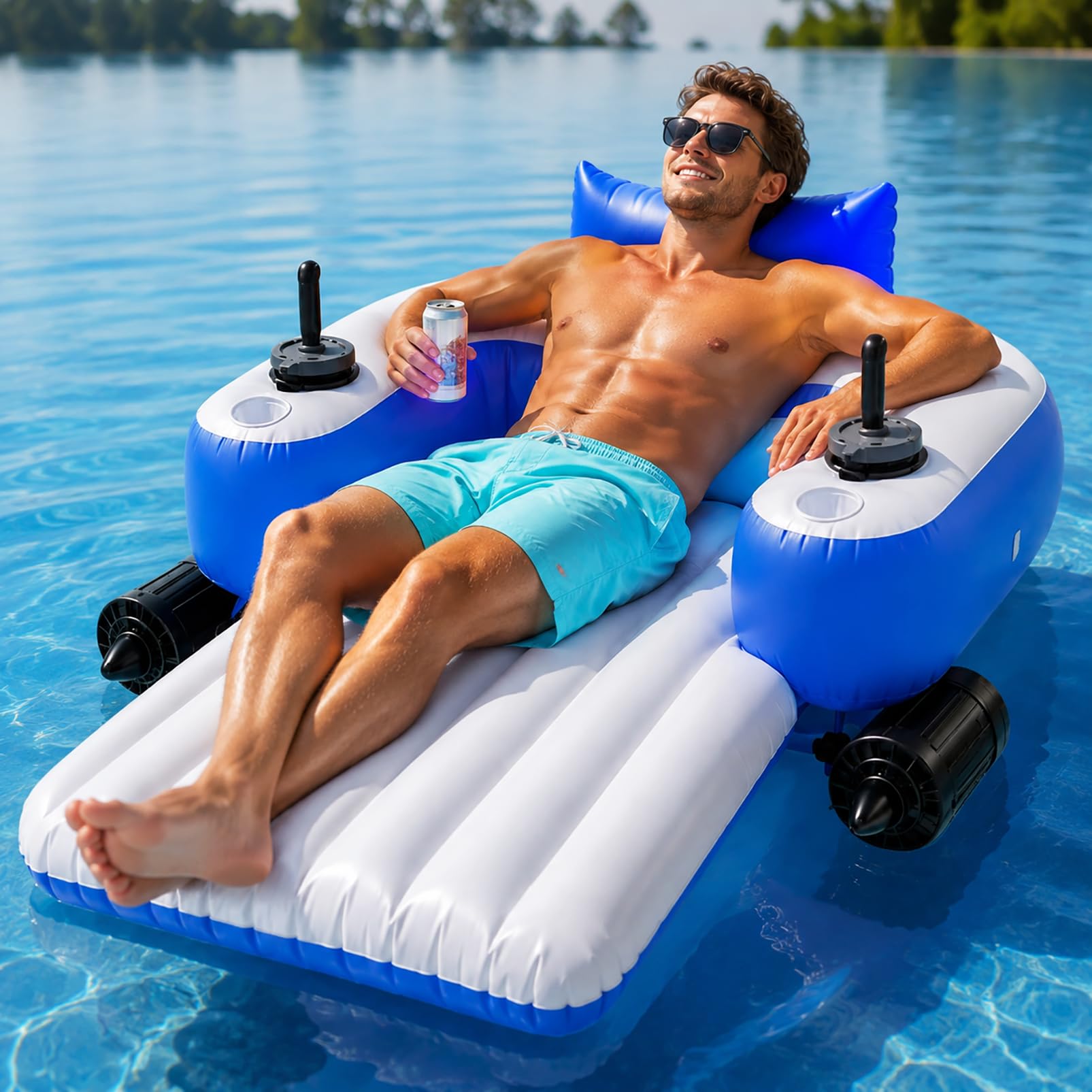 Lettino Gonfiabile Piscina Motorizzato, Galleggiante Elettrico Piscina per Adulti con Doppio Joystick ed Eliche, Rotazione a 360°, Autonomia di 40-60 Min, Portata di 150 kg per Feste Piscina