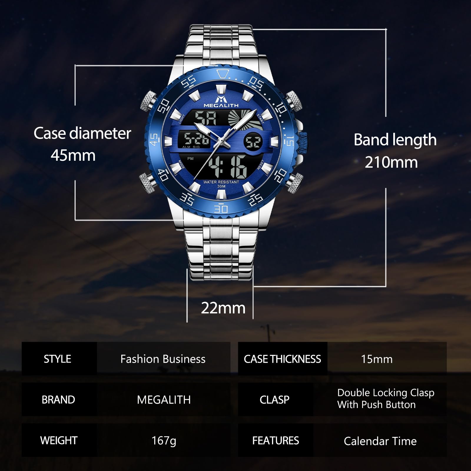 MEGALITH Orologio Uomo Digitale Analogico: Multifunzione Grande Quadrante | Impermeabile Acciaio Inossidabile Orologi da Polso con LED - Regalo per Affari Lavoro Uomo Anniversario Compleanno