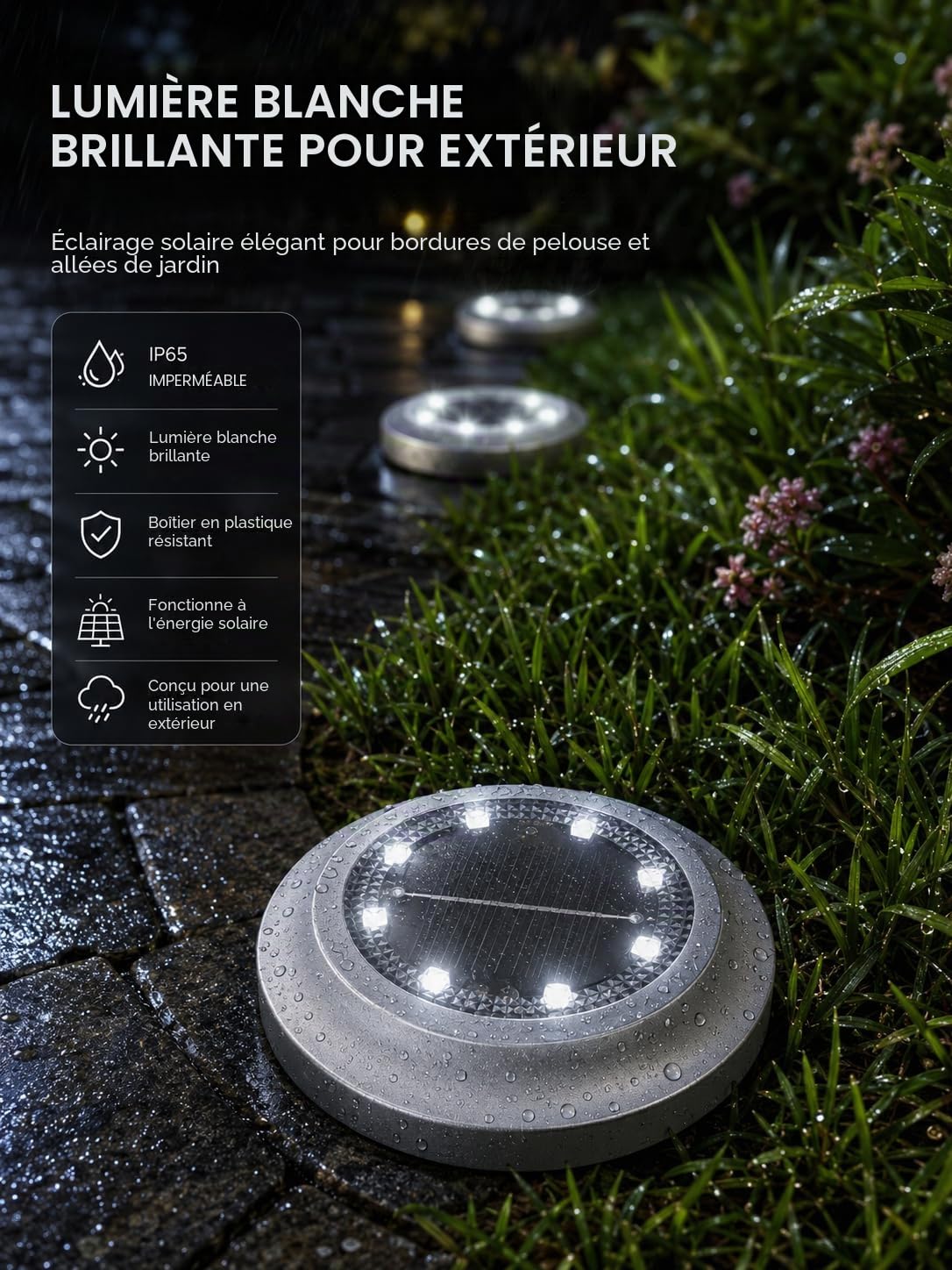 Lumière Solaire Extérieur, 8LED 6000K Lampe Solaires au Sol, Etanche IP65 Lampe de Jardin, Spot Solaire Extérieur pour Chemin Terrasse Cour Pelouse Escaliers Piscine