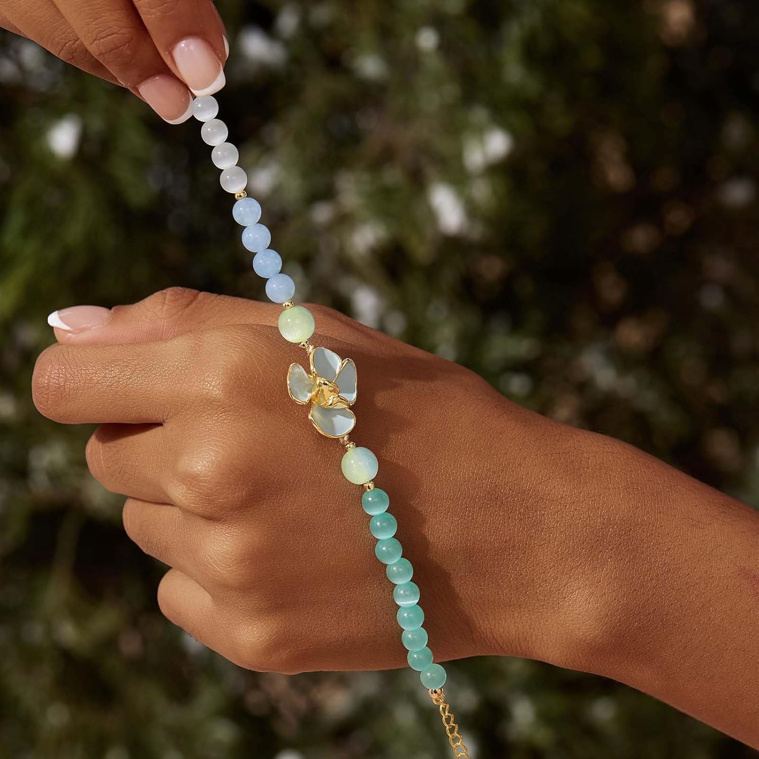 Cicy Bell Womens Flower Bracelets 18K Gold Plated Trendy Charm Colorful Cat's Eye Stone Beaded Adjustable Stretch Bracelet Friendship Vacation Jewelry Accessories - Image 4