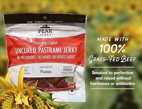 Miniatura 2 de Peak Original Pastrami Jerky (paquete de 5)  Cecina sin curar hecha con 100% carne de res alimentada con hierba, sin ingredientes artificiales, sin