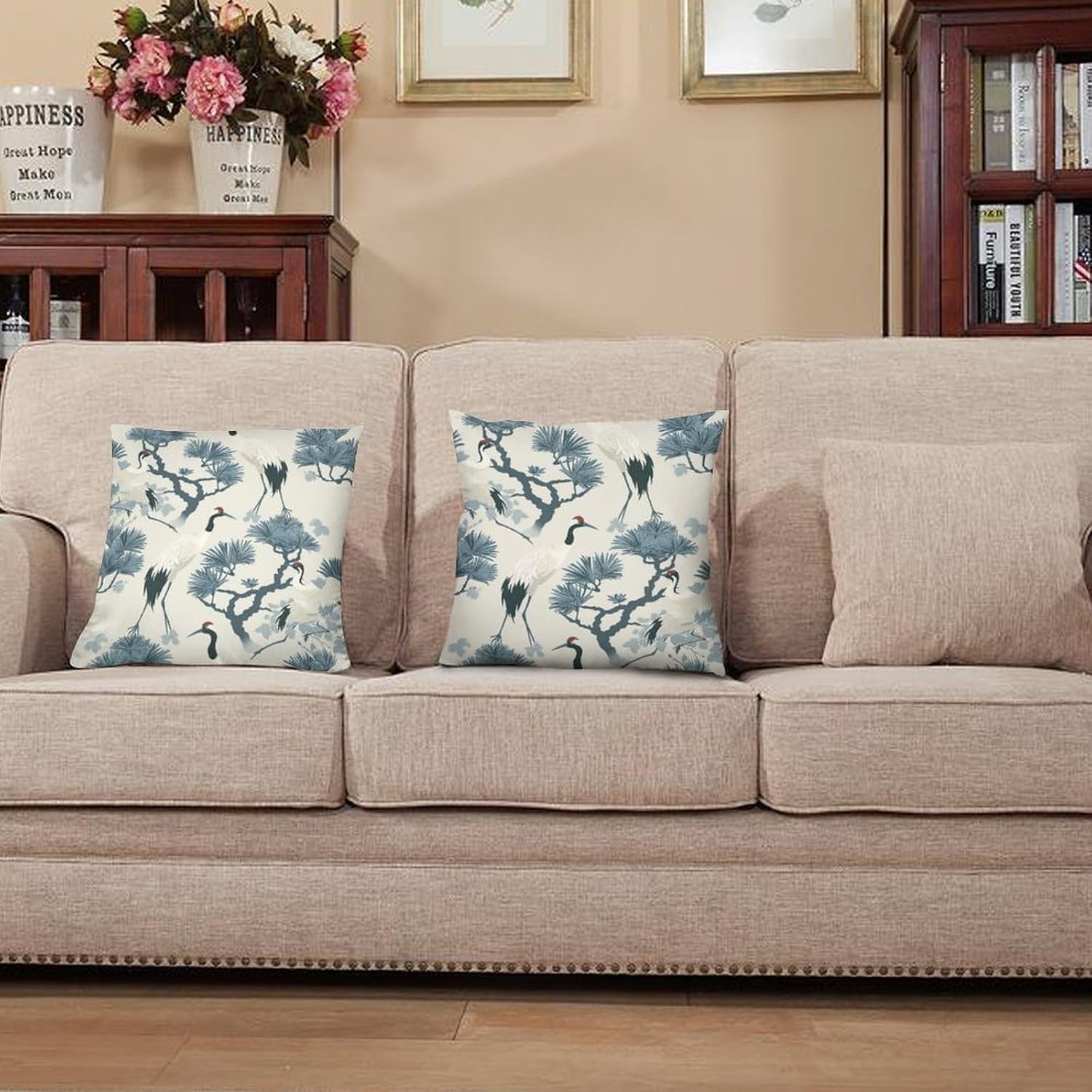 2 Packs Crane Tree Leaf Throw Pillow Covers for Living Room, Nature Plants Bird Fantasy Pillow Covers Cushion Case for Couch Sofa Bed, 18x18 inch
