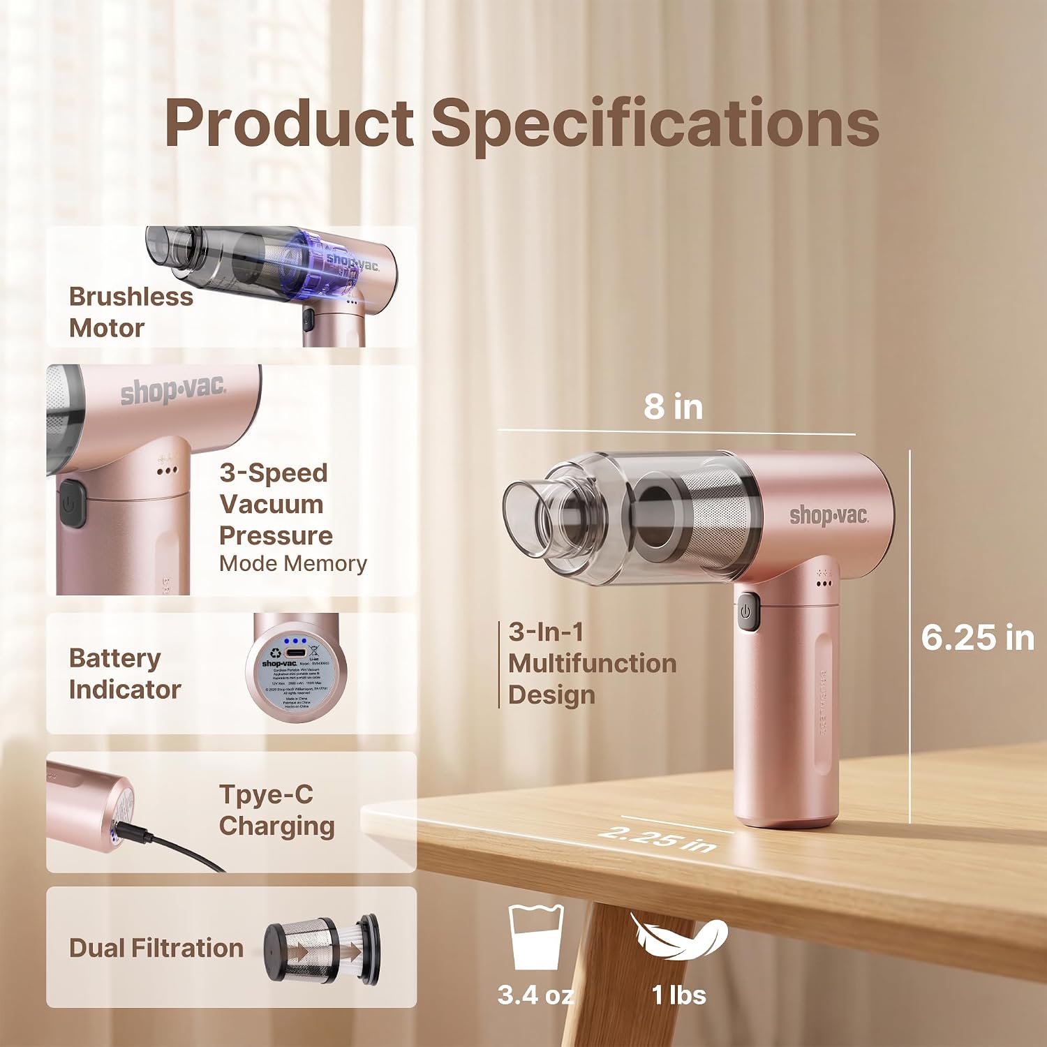 Shop-Vac S4 Handheld Car Vacuum Cleaner Cordless, 16000Pa 3-in-1 Mini Hand Vacuum & Air Duster with Brushless Motor, Multi-Nozzles, Rechargeable, for Car, Office, and Home Detail Cleaning (Champagne)