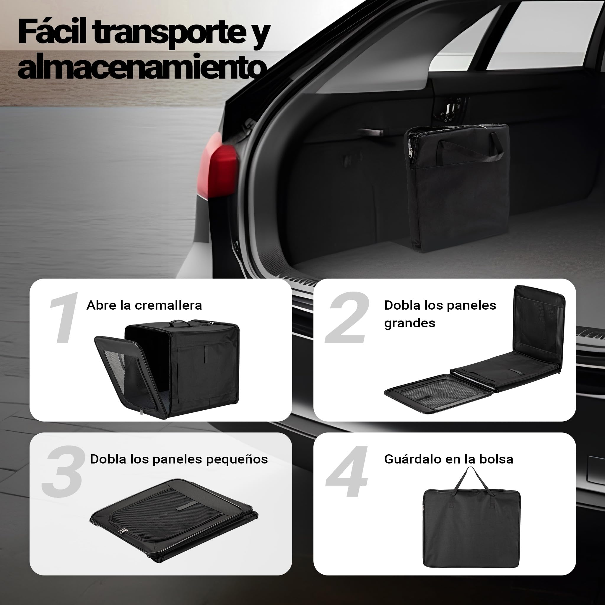 Wiltec Bolsa de Transporte Plegable Negra Mascotas Perro Gato, Talla XL (94x66x74cm), con cojín