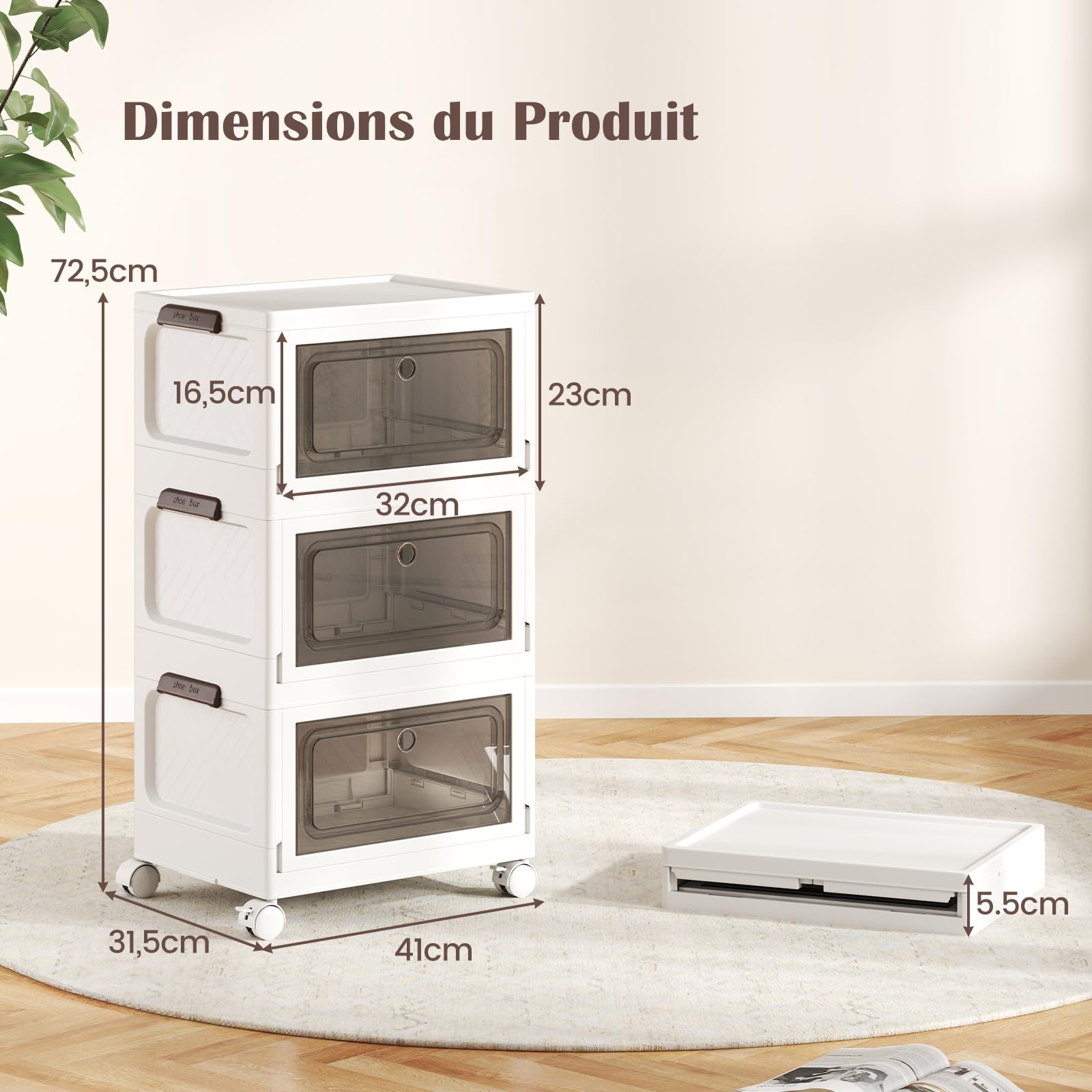COSTWAY Boîtes Rangement Plastique 75/105 L, Caisses Pliables avec Roues, Porte et Couvercle, Poignée Anneaux, Porte Magnétique, Rangement Vetement, Livres, Jouets (75 L)