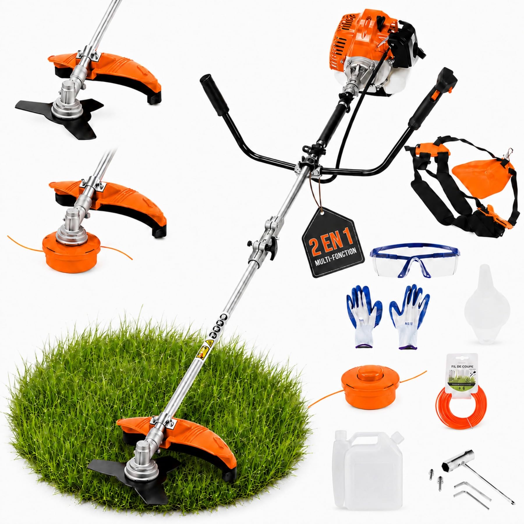 Débroussailleuse Thermique 52 cm³, Débroussailleuse Essence 2 Temps 2,2 KW 8500 TR/Min, 2 en 1 Coupe-Bordure avec Lame 3 Dents, Tête à Fil, Guidon en U Anti-Vibration