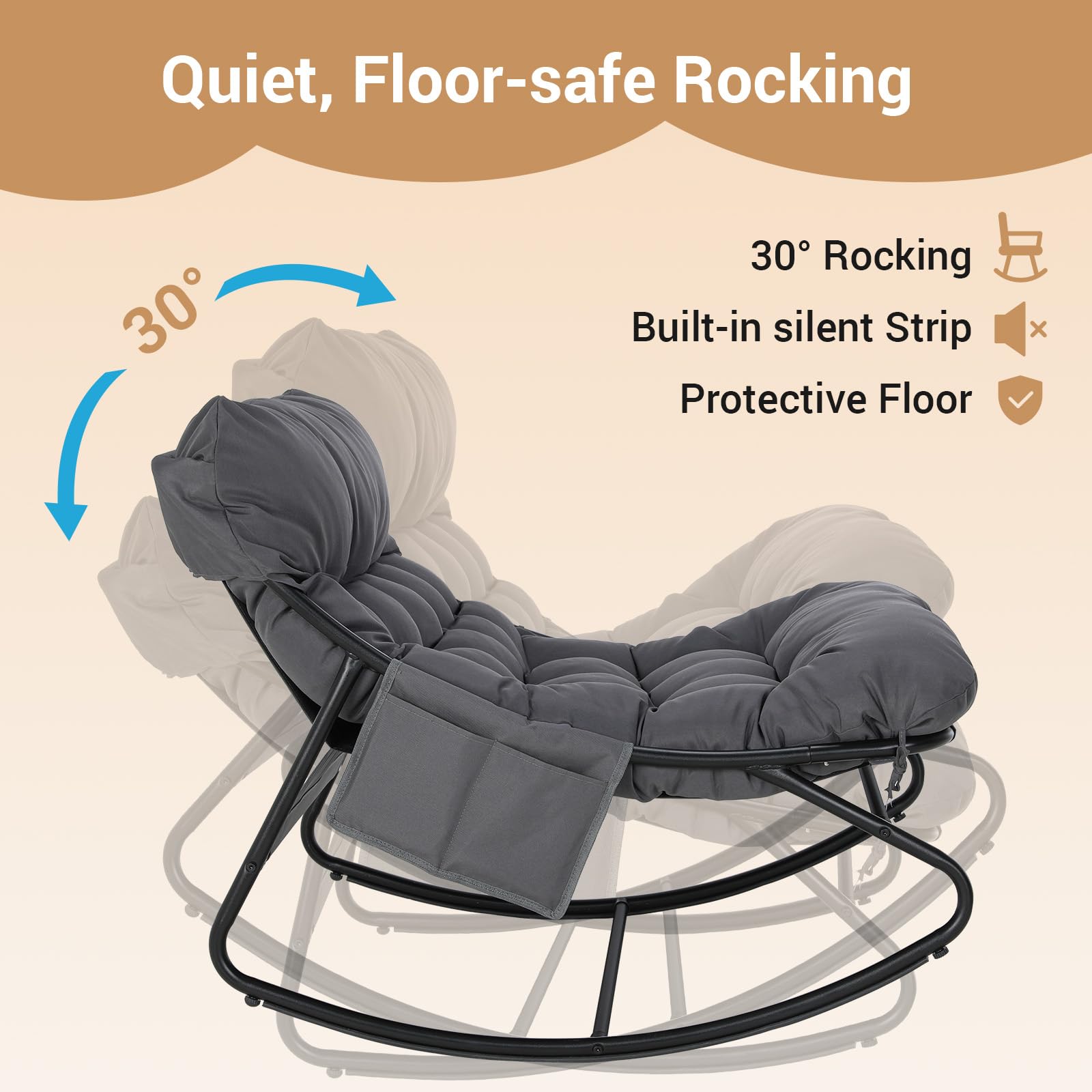 LIFERUN Schaukelstuhl mit Hocker, Patio Schaukelliege, Waterproof, 1 PCS | Schaukelsessel mit Gepolsterter, bis 150 kg Belastbar, für Garten Balkon Wohnzimmer Hof Schlafzimmer Terrasse, Grau