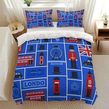 London Icons Bedding Comforter Sets Bedding Set 3 Pieces 1 Duvet Cover 2 Pillowcases with Zipper Closure Lightweight