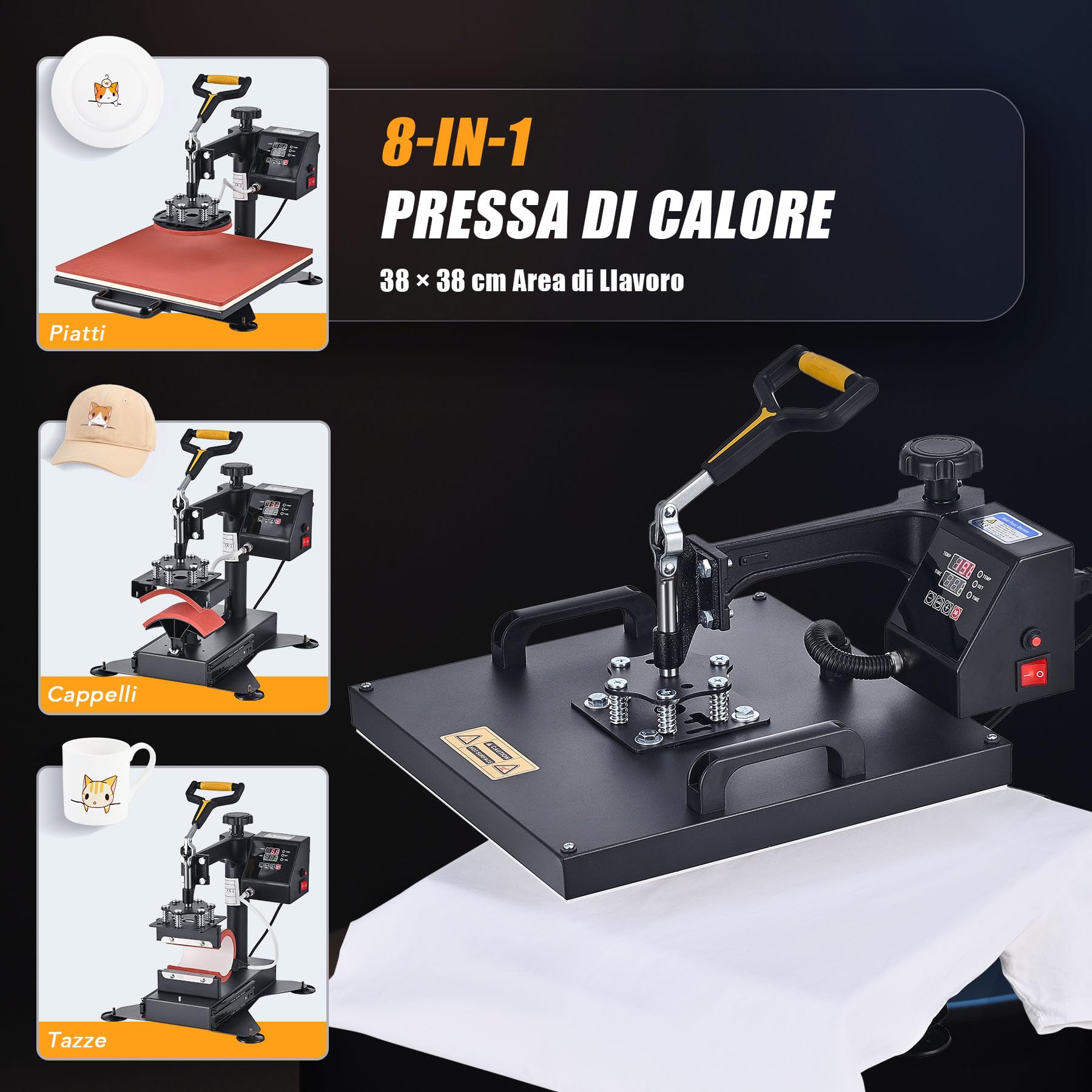 CREWORKS 8 IN1 Pressa a Caldo 38 X 38CM Pressa di Calore 1400W Termopressa Macchina per Sublimazione Digitale Rotazione a 360 Gradi Pressa a Caldo per Magliette Cappellini T-Shirt Tazze Piatti
