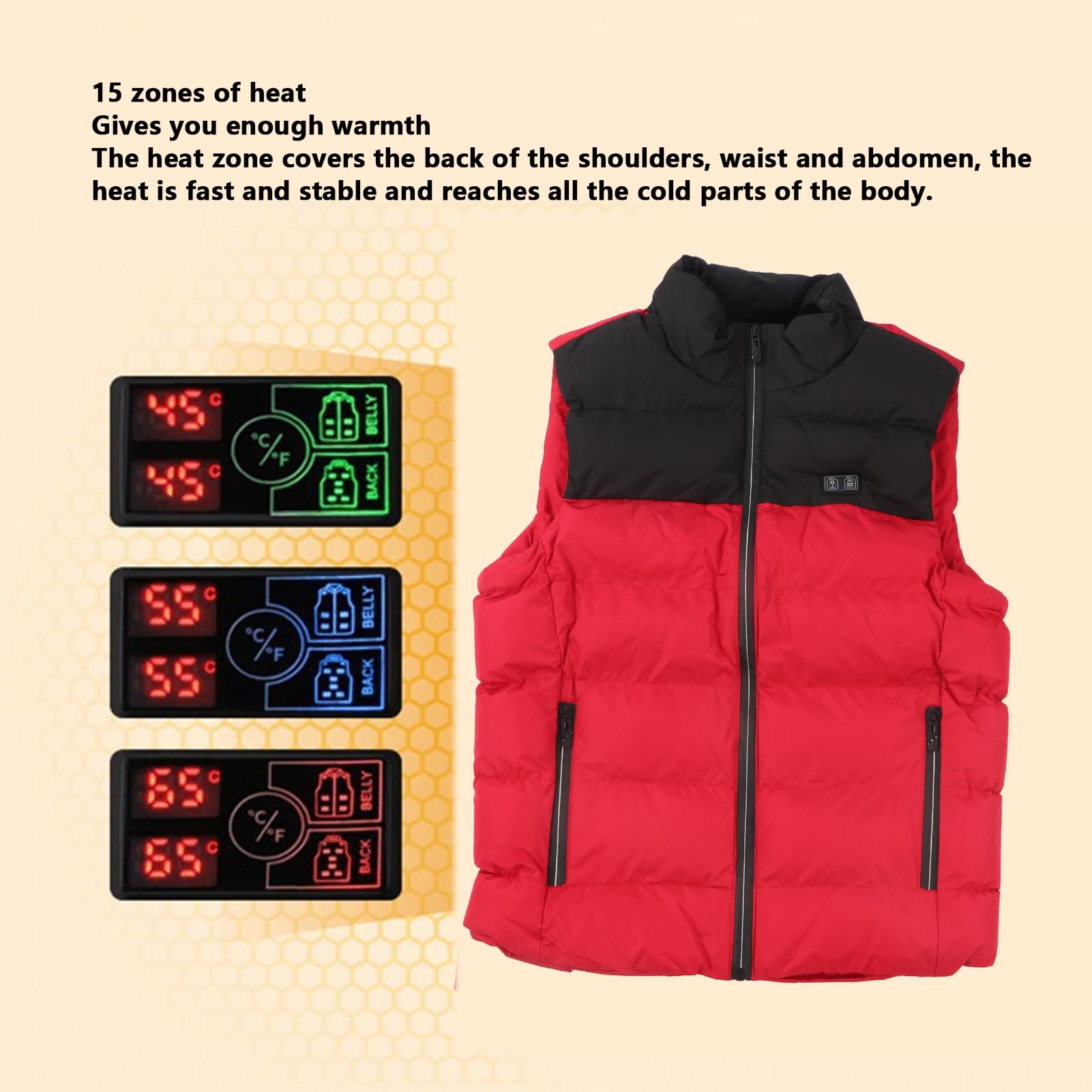 Chaleco Calefactor Eléctrico Negro Rojo Protección contra Sobrecalentamiento 15 Zonas de Calentamiento para Actividades Al Aire Fibra de Poliéster