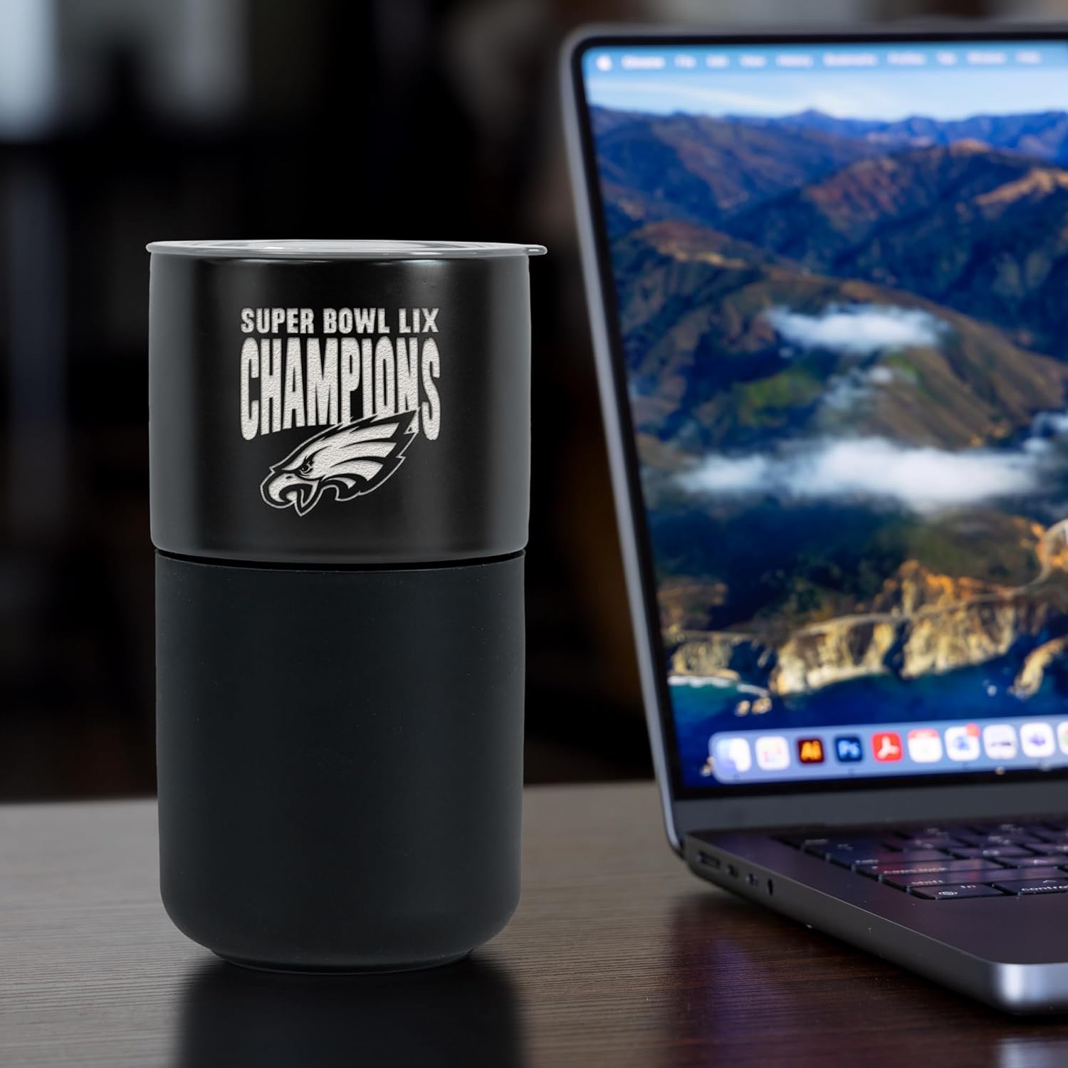 Greater Distance NFL Football Philadelphia Eagles 2025 Super Bowl Champs 16-oz Black Ceramic Tumbler with Black Silicone Grip, Deep Laser Engraved, Travel Coffee Mug, Matte Glaze