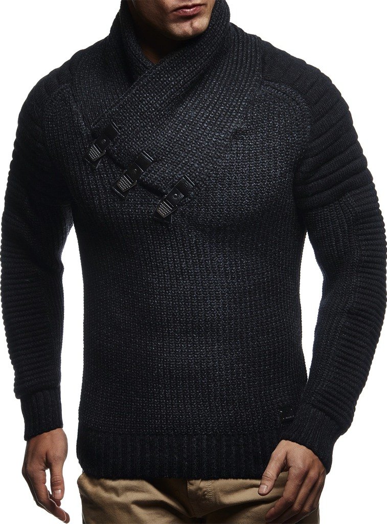Leif Nelson Herren Strick-Pullover Schalkragen Slim Fit Winter Sommer Moderner Männer schwarzer Pulli T-Shirt Langarm mit Kragen Herren Hoodie-Wollpullover 5225