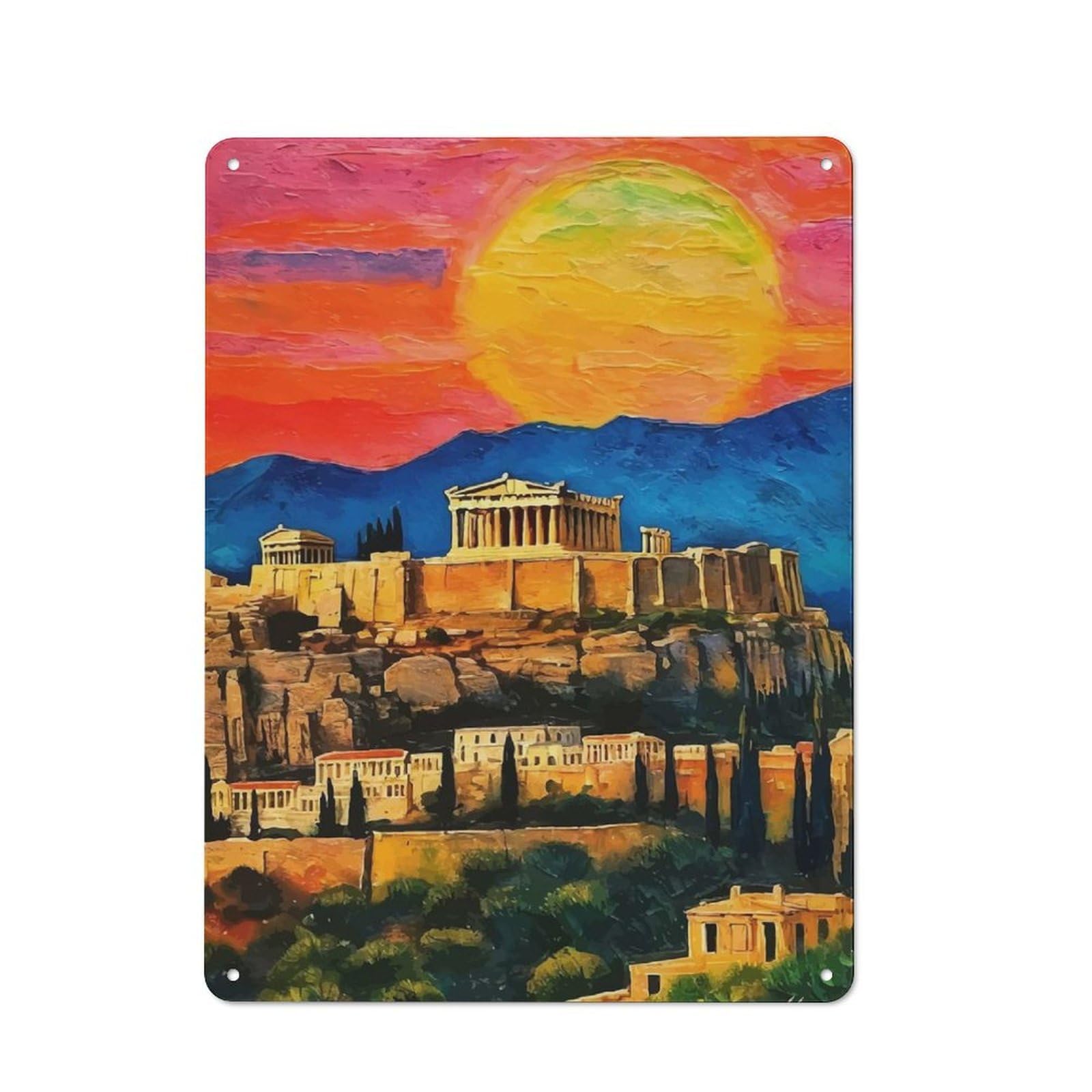 Junmoney Style-24 Retro Metal Wall Sign 40X30cm Featuring Acropolis Sunset Painting For Garage Wall, For Garage, Workshop And Man Cave Decoration