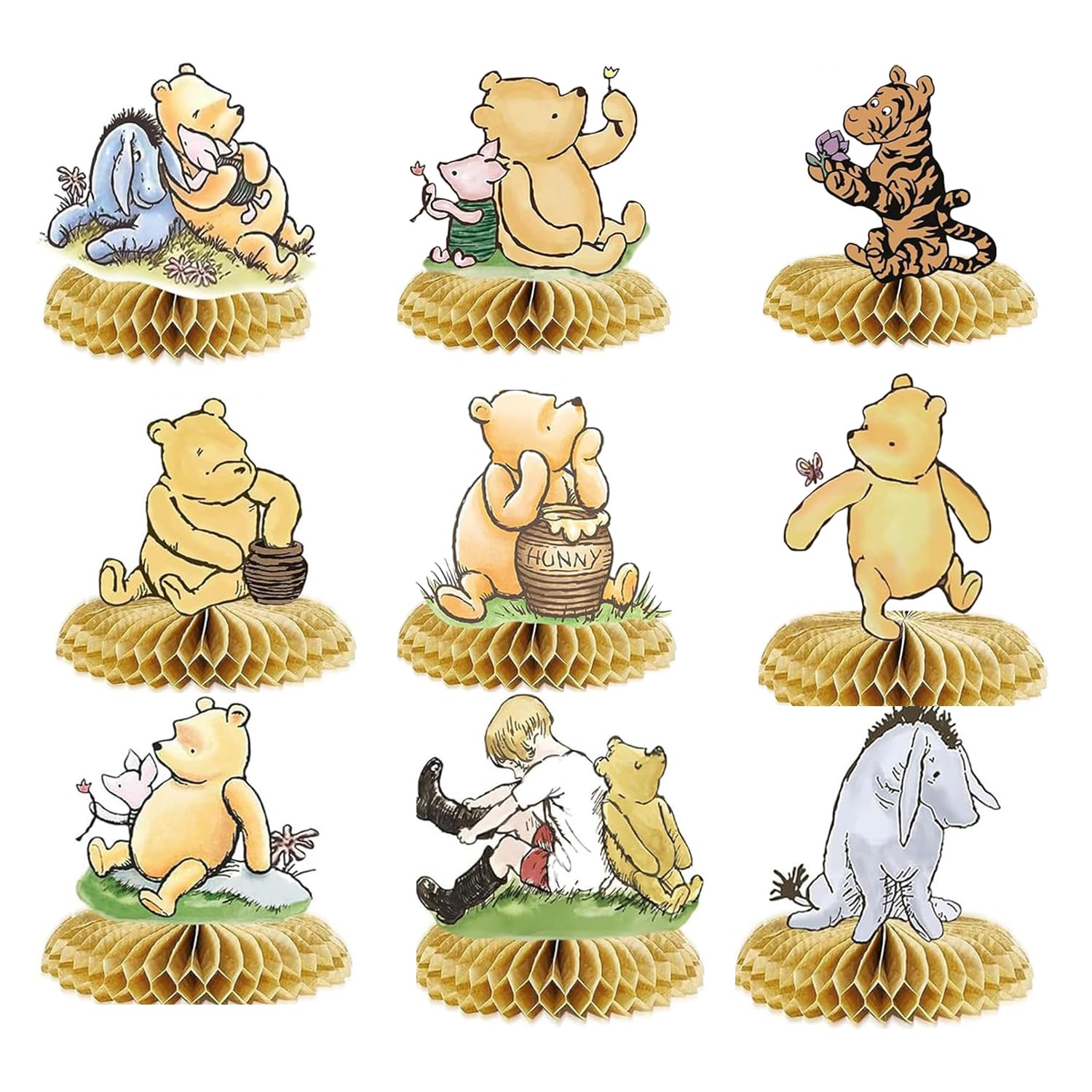 9PCS Classic Winnie Centerpieces Decorations, Winnie Honeycomb Centerpieces for Birthday Party Baby Shower Decorations Table Centerpieces Table Topper