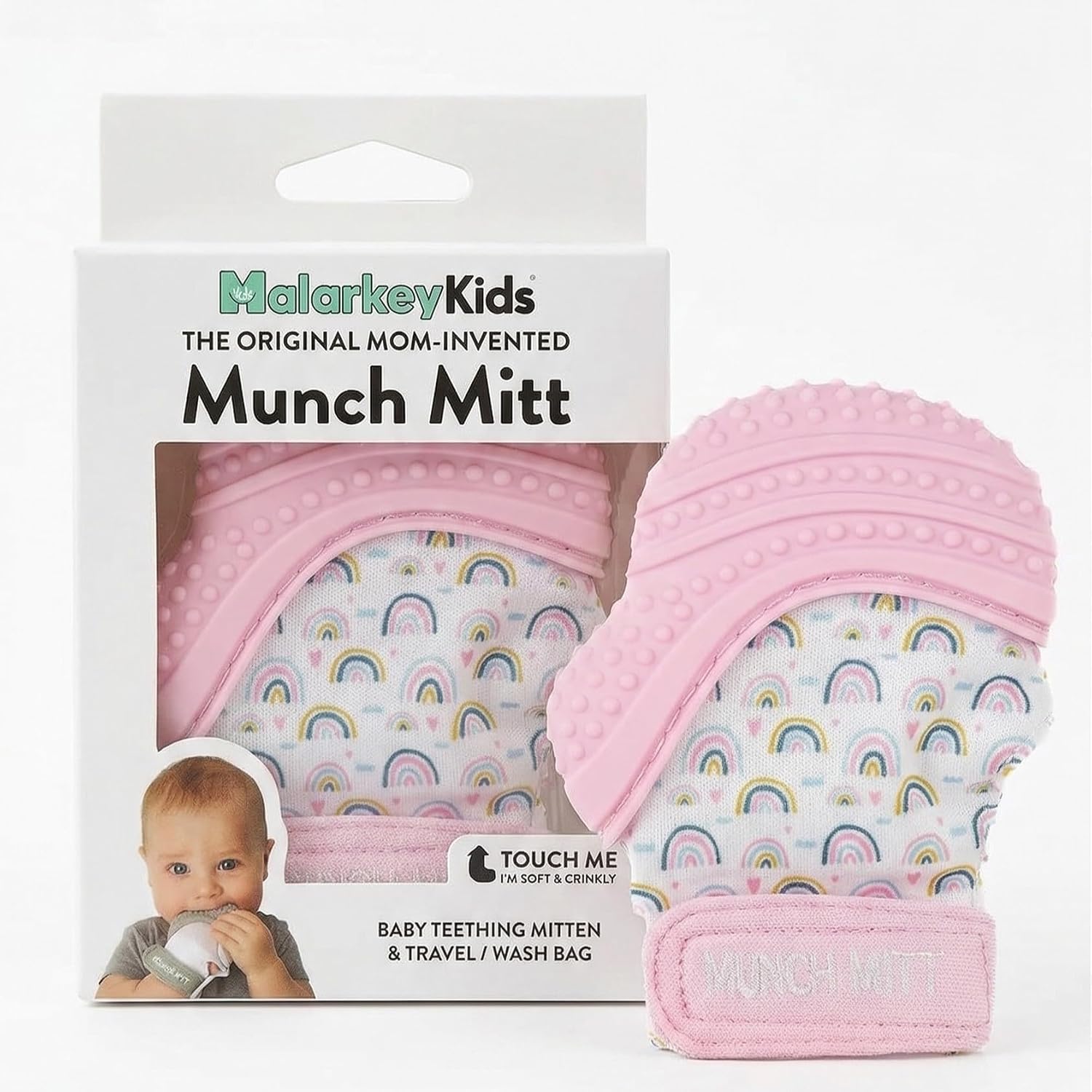 Malarkey Kids Munch Minis Combo Baby Teething Mitt Set (0-7 Months) - Anti-Scratch Newborn Mittens & Silicone Teether Gloves – Self-Soothing Chew Toy with Crinkle Sound - Grey Stars