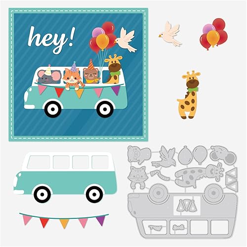 BENECREAT Troqueles de corte con patrón de autobús de animales de 4.8 x 4 pulgadas, diseño de globo de pájaro, para fiesta de autobús, plantilla de
