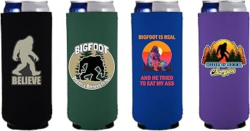 Bigfoot Funny Slim Can Coolie Designs 4 Pack