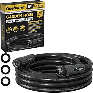 Leader Short Garden Hose, 5 ft x 5/8" Polyurethane Water Hose with Swivel Fittings, Flexible, Lightweight, No-Kink, Leakproof, Burst 600 PSI, Black