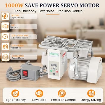 Sewing Machine Servo Motor, AC110V 1000W Industrial Brushless Sewing Machine Motor with Controller and Foot Switch, Adjustable Speed 200–6000 RPM, CW/CCW Rotation, Low Noise, Energy Saving