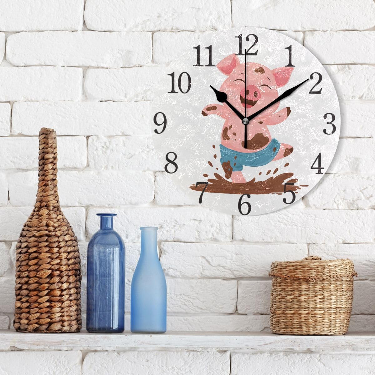 SUABO Piggy Wall Clock Arabic Numerals Design Pig Jumping A Dirty Pool Round Wall Clock for Living Room Bathroom Home Decorative