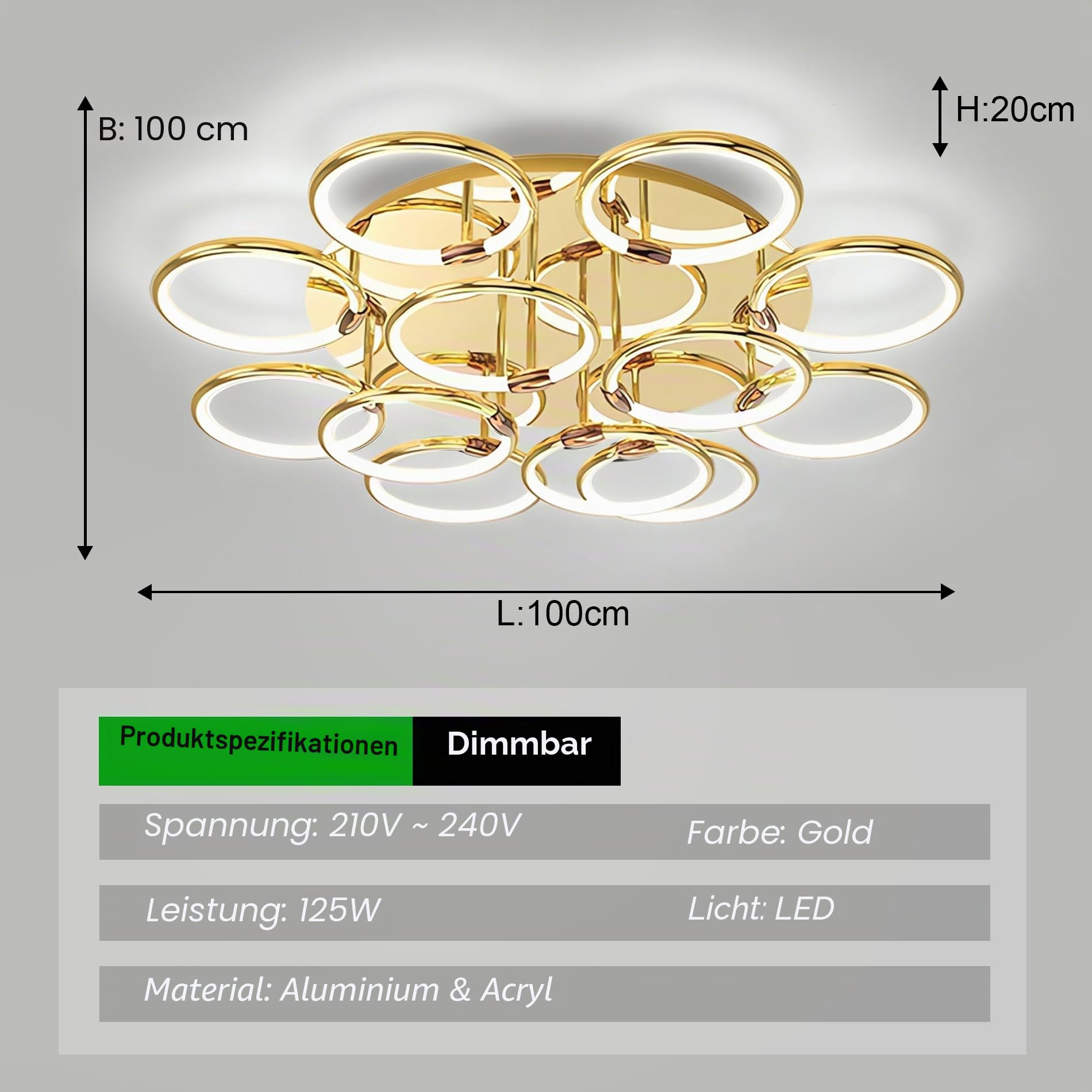 LED Deckenleuchte Modern Vergoldet Groß 12-Ring 125W Deckenbeleuchtung Dimmbare Deckenlampe mit Augenschutz Flackerfrei für Wohnzimmer Schlafzimmer (Vergoldet, 12-Ring)