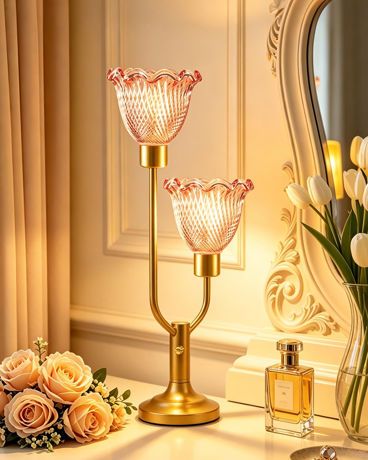 Lightdot Flower Glass Table Lamp for Bedroom Vintage Pink Lamp Dimmable
