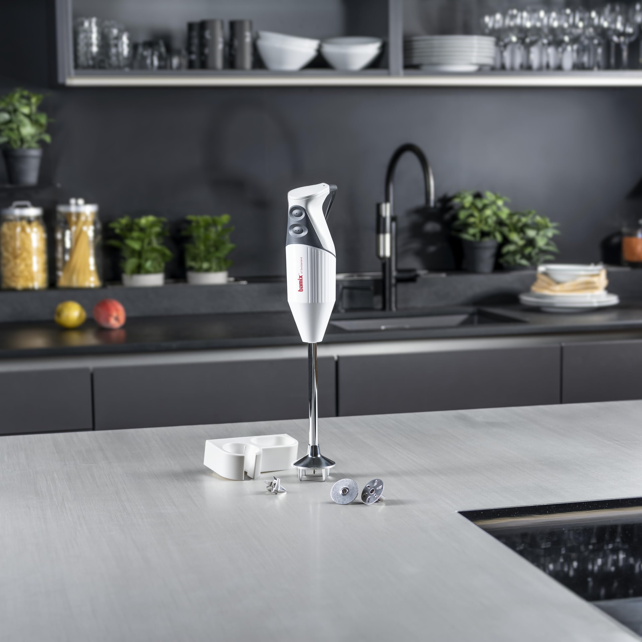 bamix Set frullatore a immersione G200 GASTRO PRO-2 incl. lama multiuso, frusta e disco fisso, supporto, 200 watt, 2 velocità, acciaio inox, Made in Switzerland, bianco/grigio chiaro