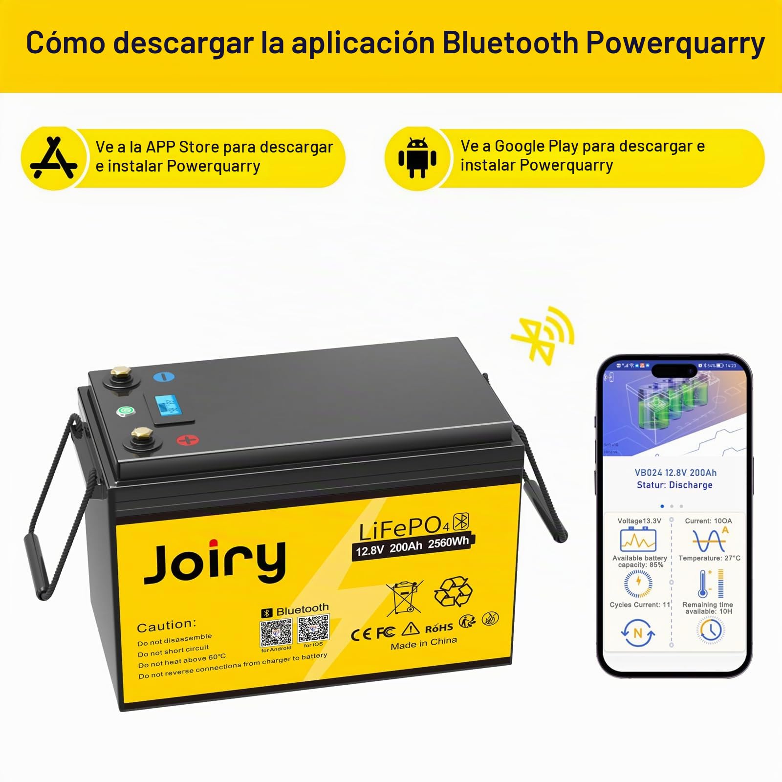 Joiry LiFePO4 Batería 12V 200Ah 2560Wh Bluetooth bateria Litio Fosfato de Hierro y Litio Energía de Emergencia con más de 5000+ Protección BMS para Panel Solar, RV, Marina, Golf