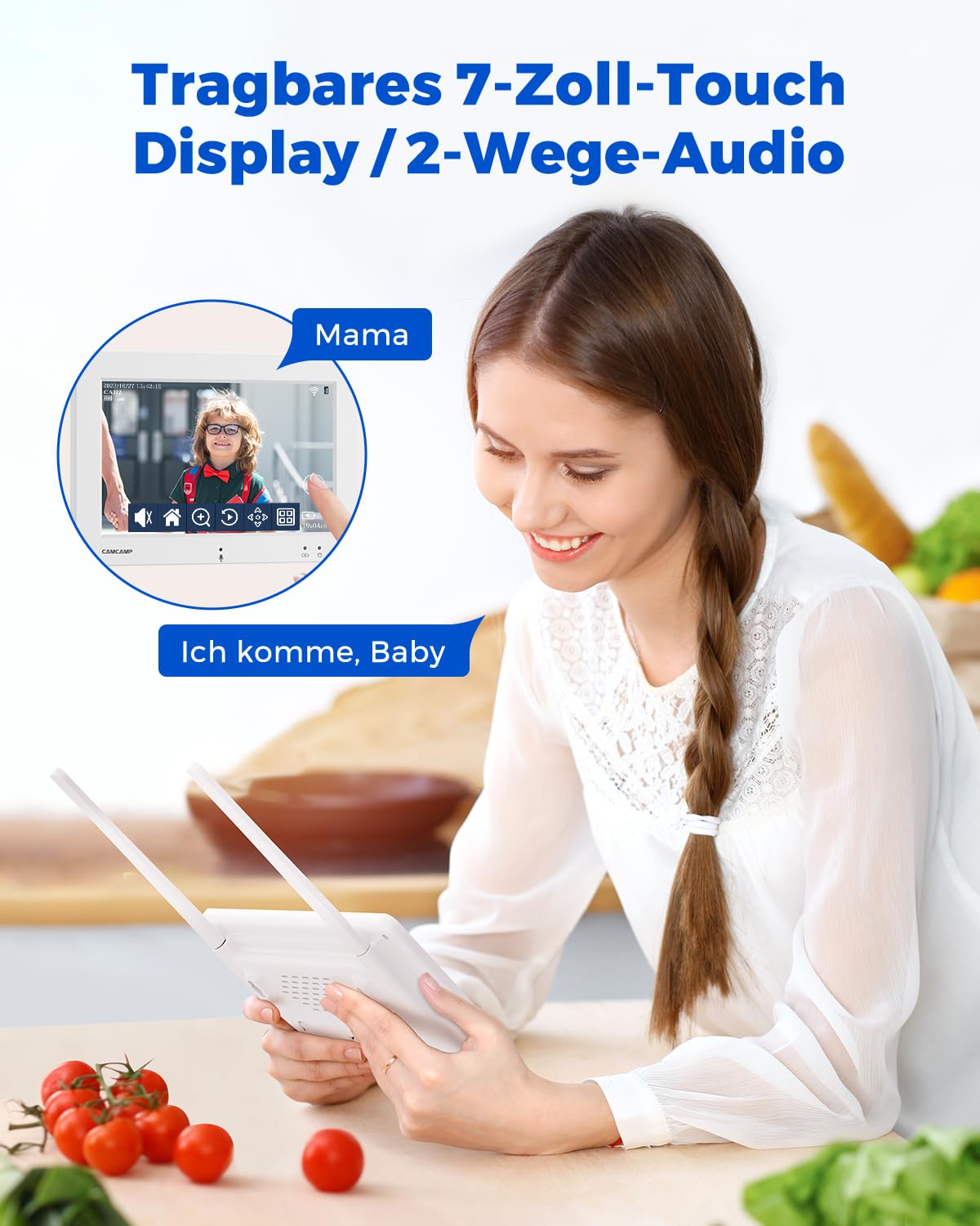 Camcamp Überwachungskamera Aussen Solar mit Monitor - 4MP 4PCS Outdoor WLAN Kamera Set mit 64GB SDKarte 7 Zoll Touch NVR Bildschrim Farbnachtsicht, Bewegungsüberwachung, 2-Wege-Audio