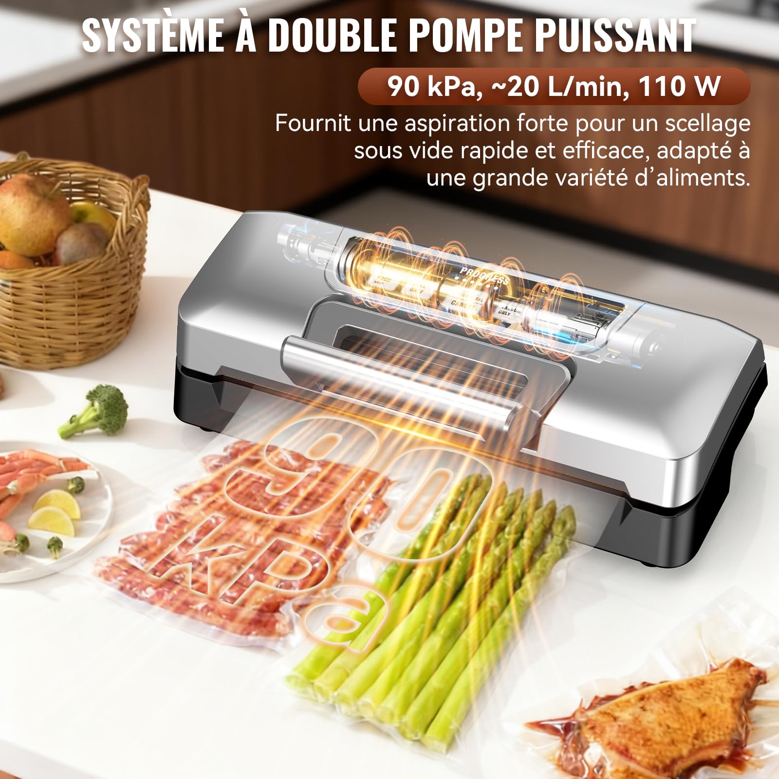 GAVASTO Machine Sous Vide Alimentaire 90kPa,20L/min Machine Sous Vide Professionnel, Soude-sac Puissant Avec Double Pompe et LED Intelligente, Modes Aliment Sec & Humide, Coupe-sacs Intégré, Livré ave