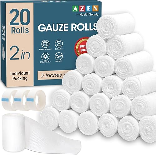AZEN Paquete de 20 rollos de gasa, 2 pulgadas x 4.1 yardas, suministros médicos de primera calidad y suministros de primeros auxilios, vendaje de