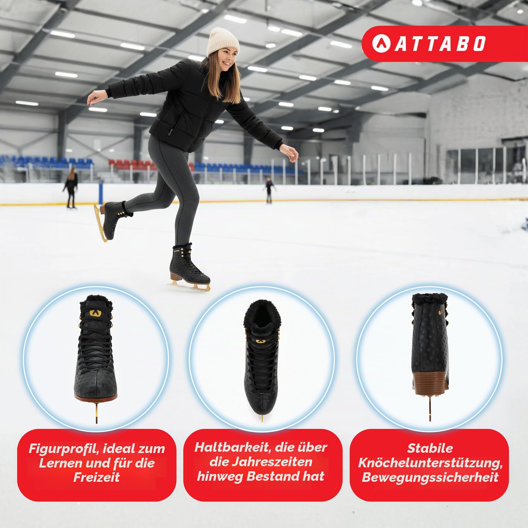 ATTABO Lukso Damen Kunstlauf-Schlittschuhe, schwarz – Edelstahlkufe, klassischer Stiefel, warme Innenfütterung, hohe Knöchelstütze, Schnürung für Training & Freizeit
