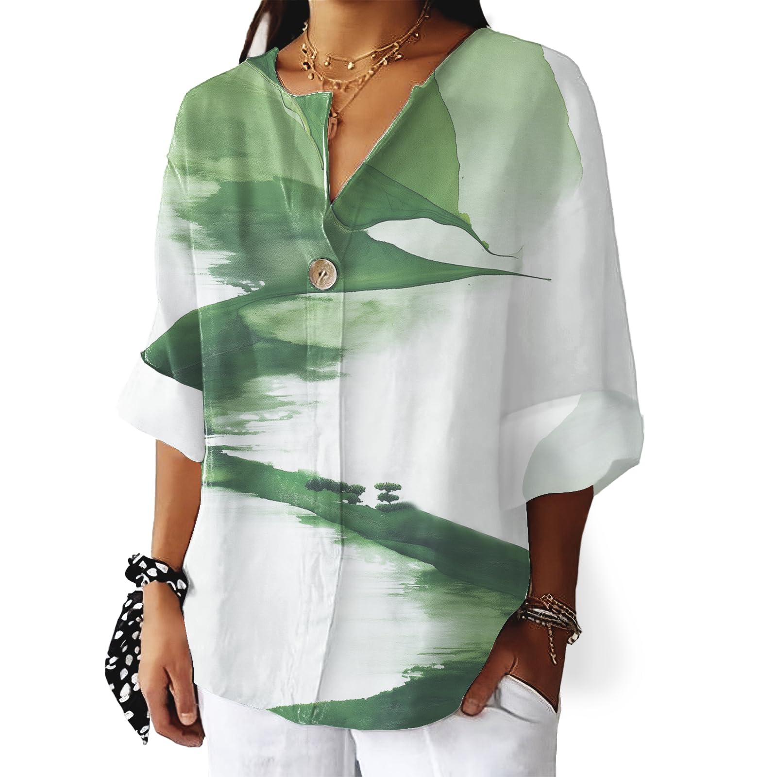 Oriental Floral Prints Shirts for Women Loose Comfy 3 4 Sleeve Blouse Fashion Casual V Neck Tops Lightweight