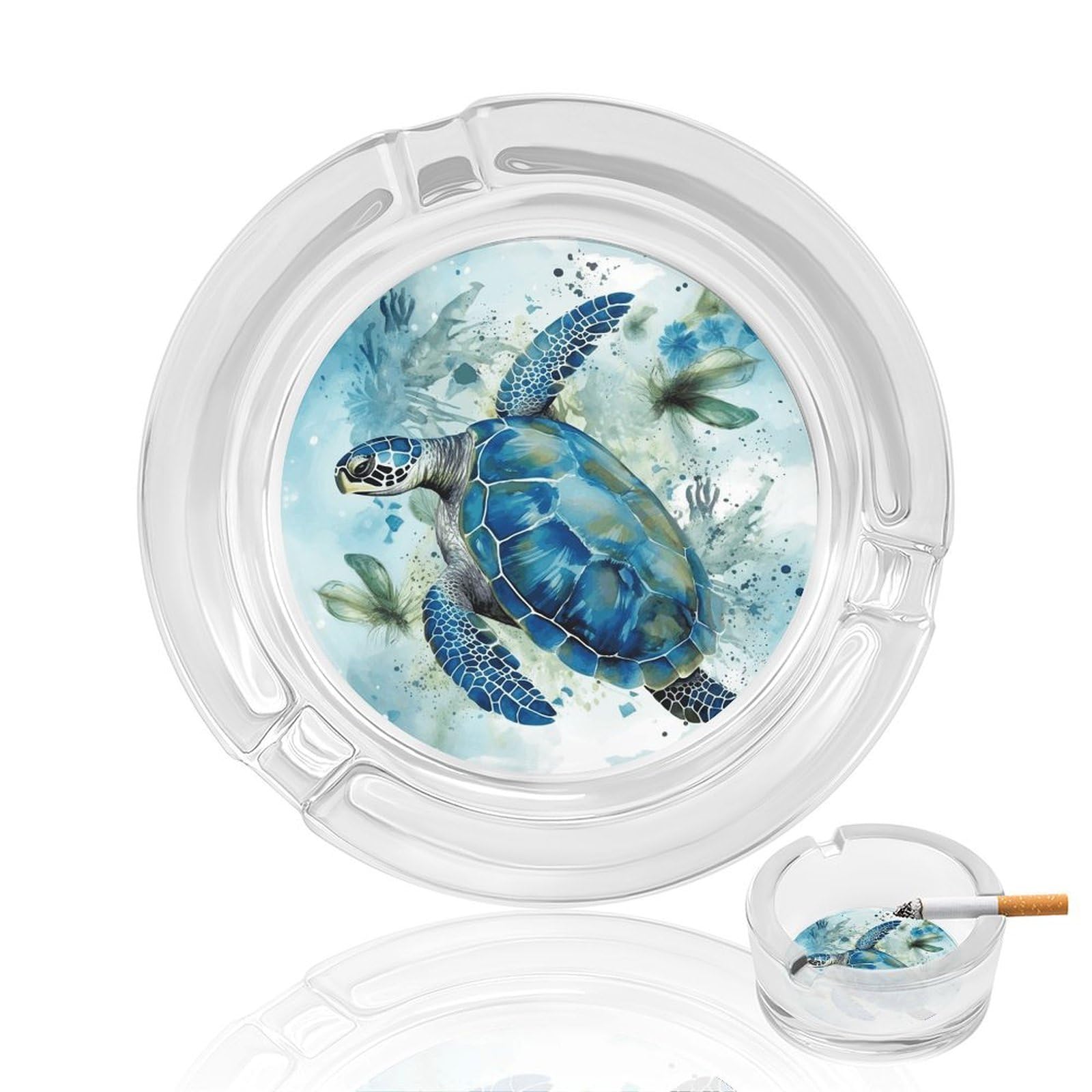 Sea Turtle-Blue Ashtray Cigar Cigarette Rest Glass Outdoor Cigar Ashtrays with 3 Grooves Travel Cigar Ashtrays Fancy Cute Cool Ash Tray for Smokers Tabletop