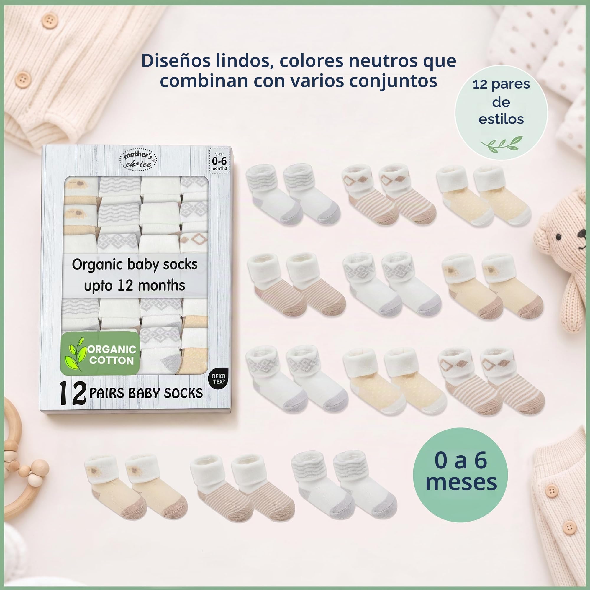 Mother's Choice Calcetines de algodón orgánico para bebé, 12 pares, unisex, de 0 a 6 meses, suaves, hipoalergénicos, para recién nacidos y bebés, regalos para bebés y niñas (12 unidades, marrón)
