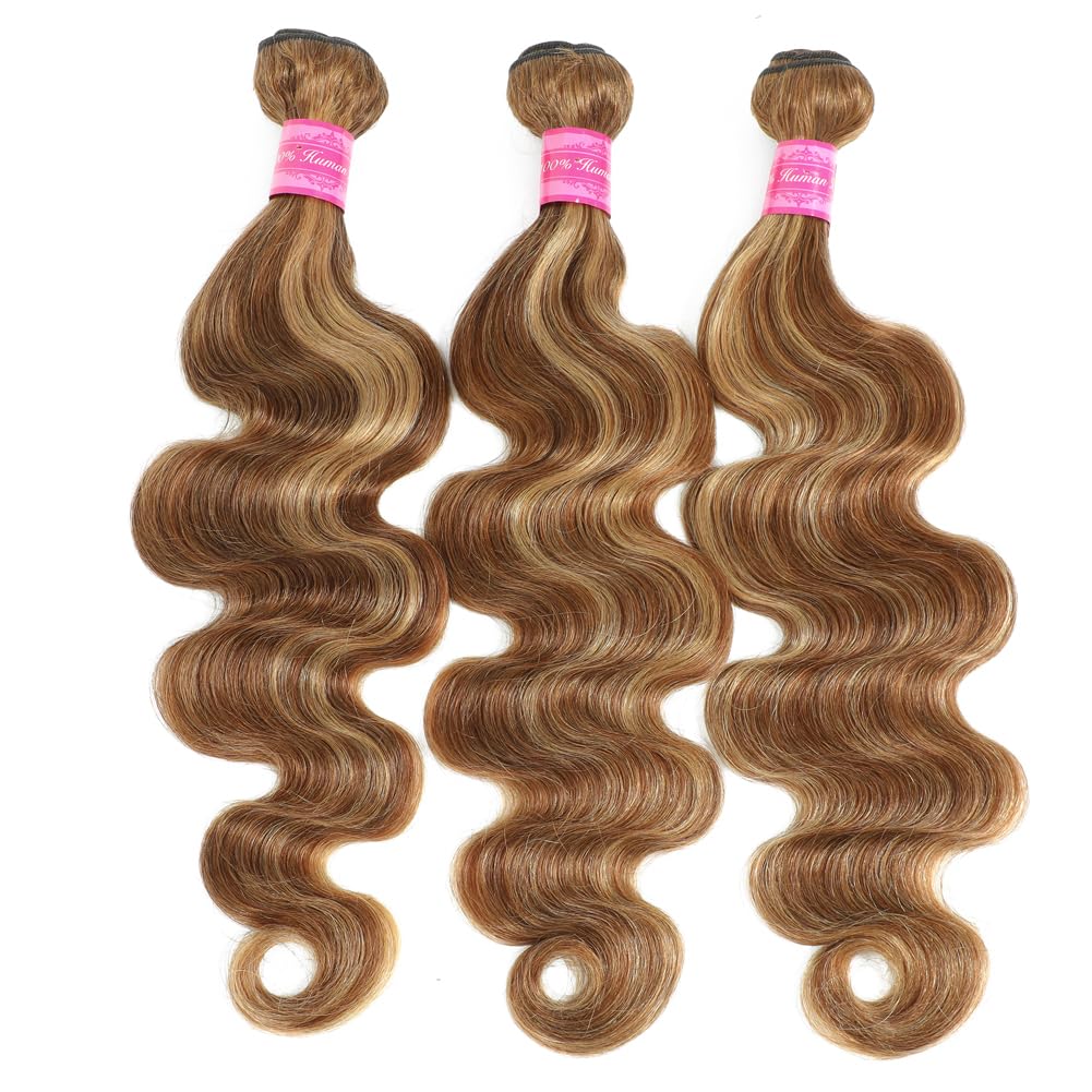 P4/27 Highlight Body Wave Human Hair Bundles 12A Brazilian Virgin Ombre Honey Blonde Human Hair Natural Wave Bundles (16 18 20 inch) for Black Women Double Weft