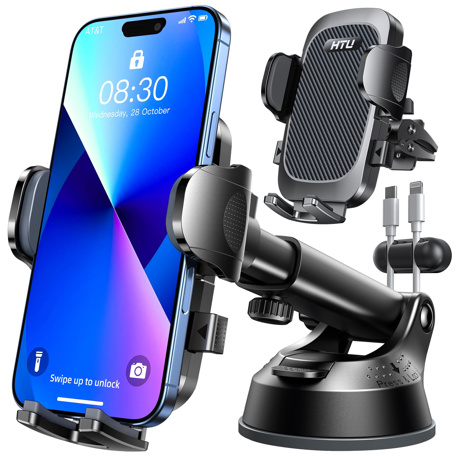 HTU【Militär-Klasse】Handyhalterung Auto, 4 in 1 Handyhalter mit【Stärkst Saugnapf & Clip】Tragfähigkeit 36kg, 360° Drehbar Kfz Autohalterung für iPhone Samsung Galaxy Google Pixel, Blass Schwarz