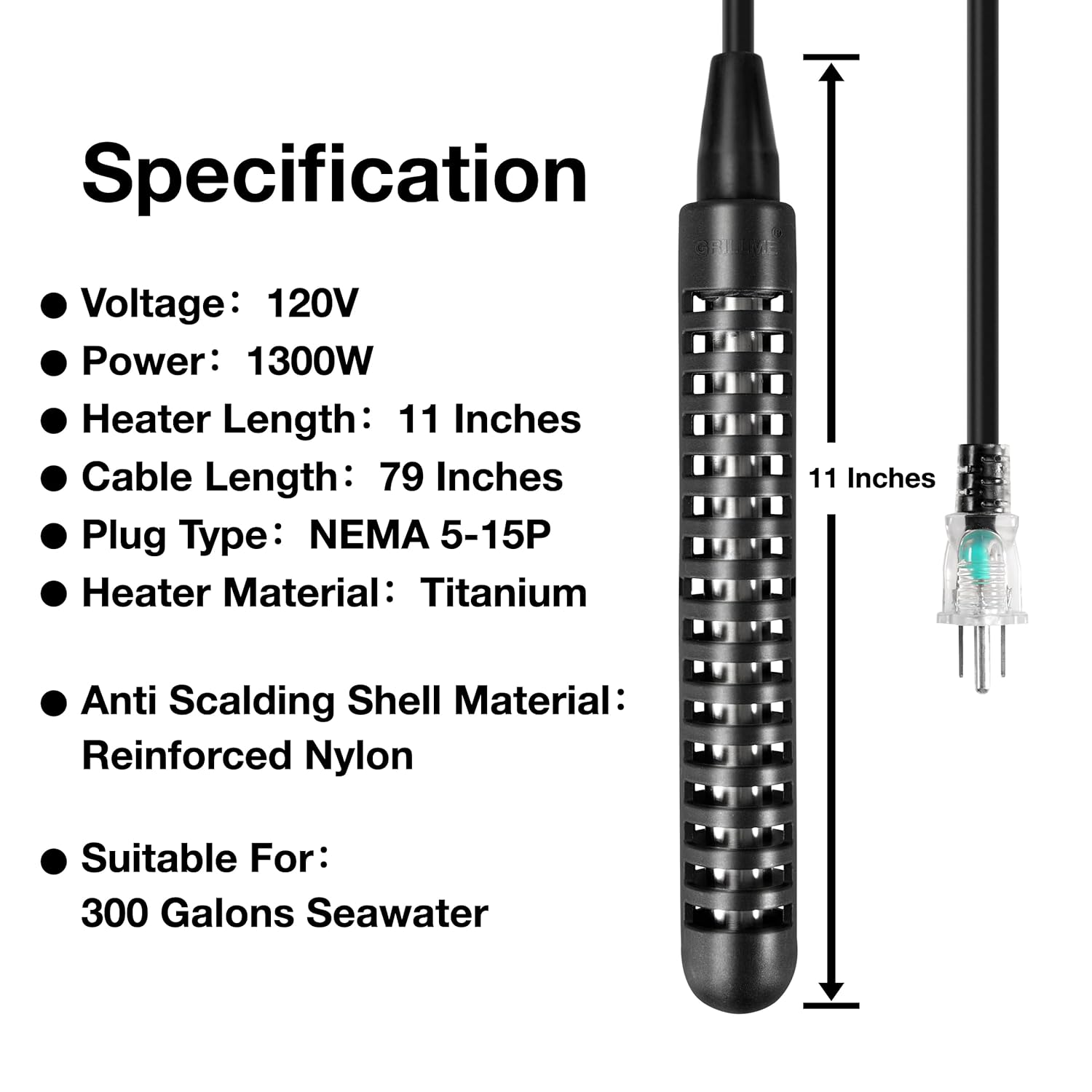 GRILLME 1300W Titanium Fully Submersible Portable Electric Immersion Water Heater with Intelligent Temperature Controller,Bucket Water Heater,Seawater Heater for Fish Tank,Seawater Aquaculture - Image 3