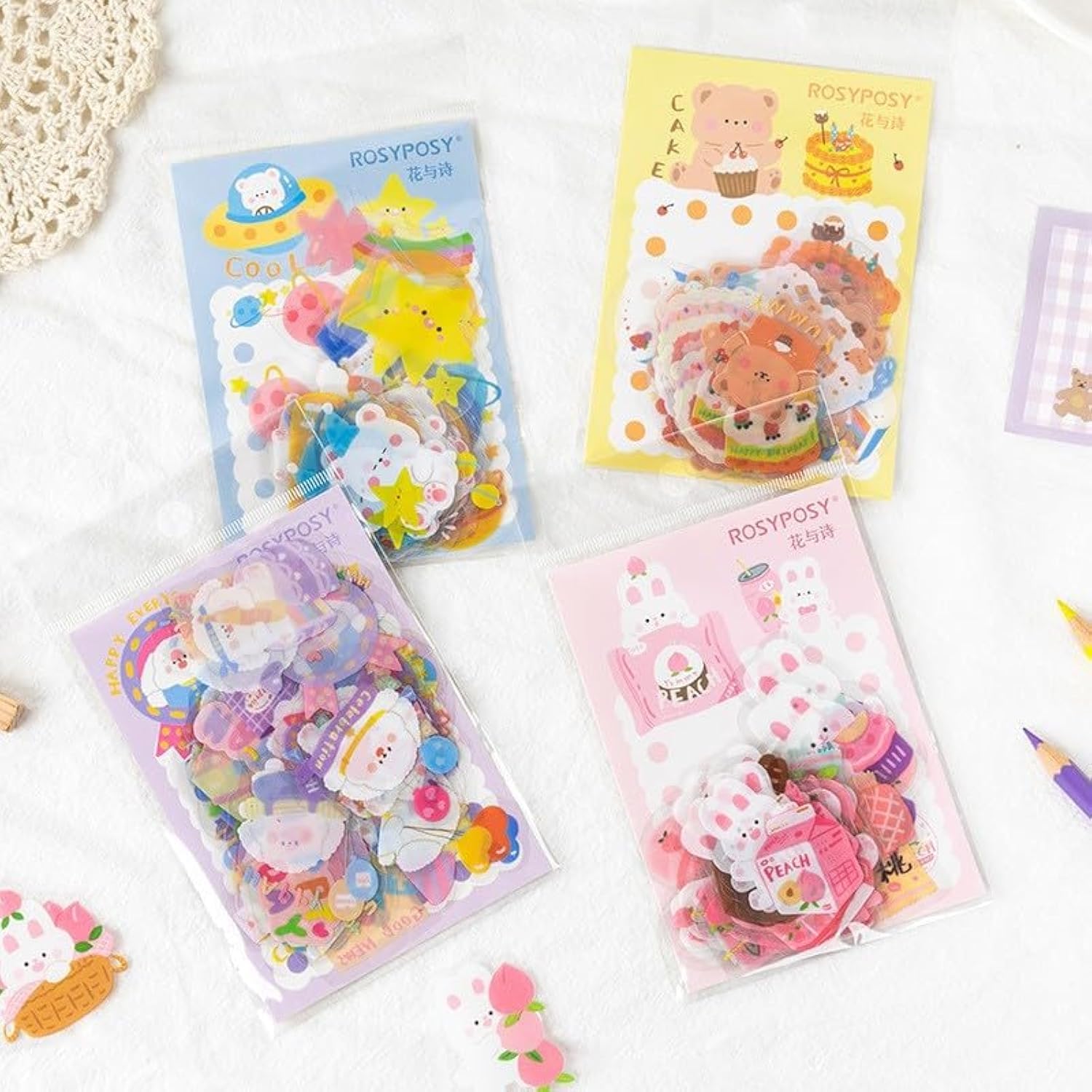 Doraking Kawaii Cartoon Rabbit Bear Dog Stickers 160PCS Transparent PVC Cute Animals Bunny Sticker Kit for Scrapbooking Supplies Planner Clipping Bullet Junk Journals DIY Crafts