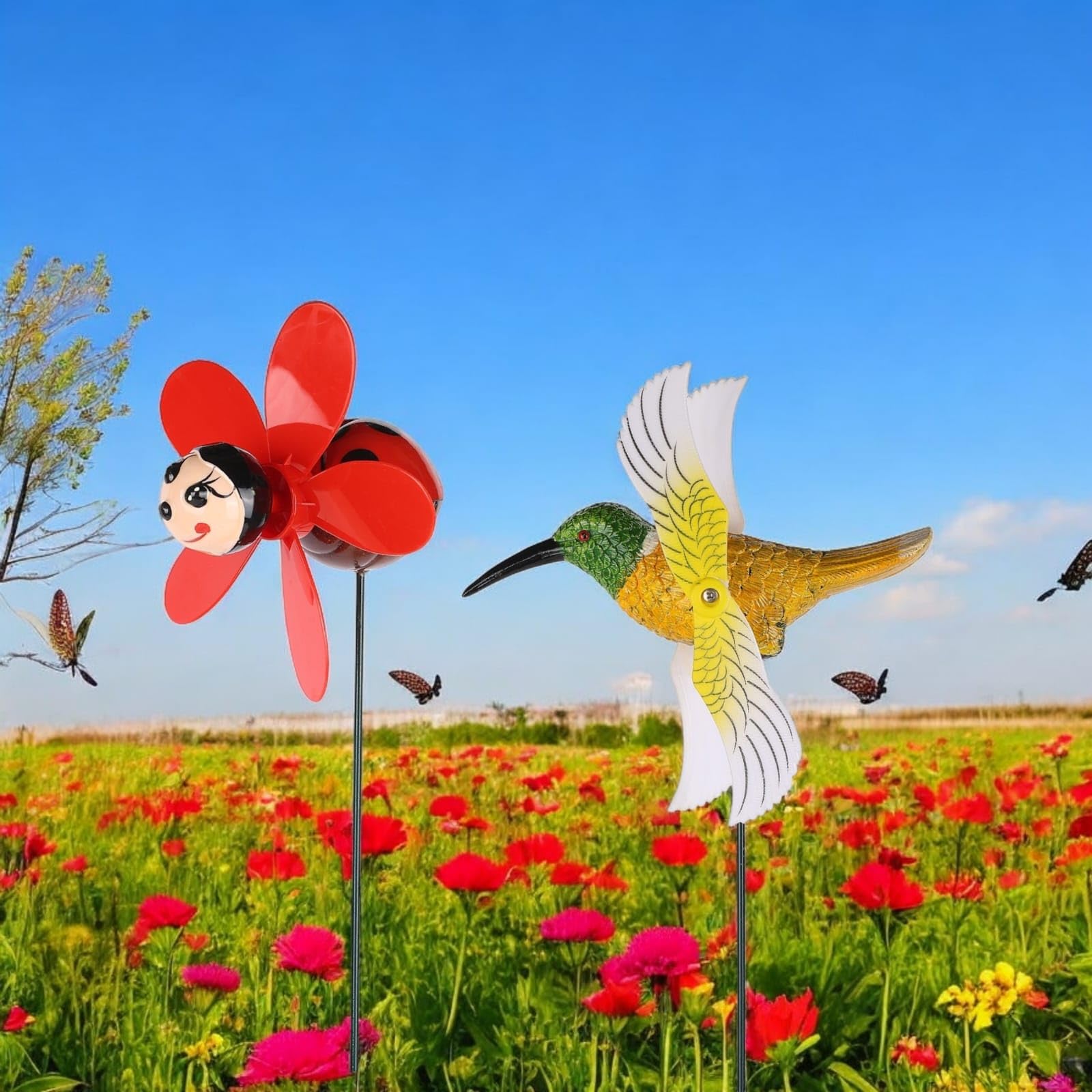 Chocozone Garden Decor 3D Pinwheels Animal Insects Wind Spinners Outdoor Pinwheels for Garden Rotating Whirlygigs Landscape Decorations (Bird & Beetle)