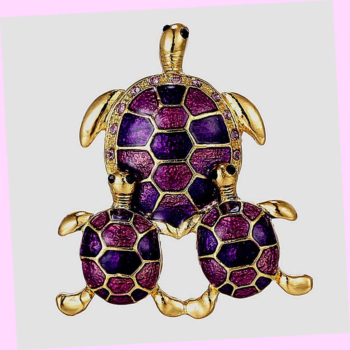Triple Turtle Family Enamel Rhinestone Retro Vintage Collector Brooch Lavender Rhinestone Brooch Pin for Women