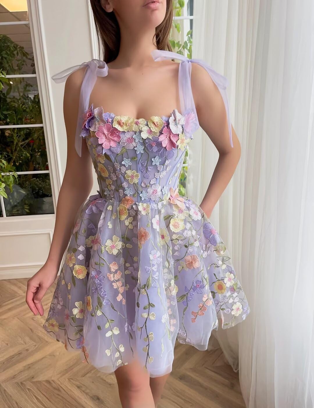 TRHTX 3D Floral Lace Applique Short Homecoming Dresses Embroidery Cocktail Dresses Tulle A-line Prom Dress